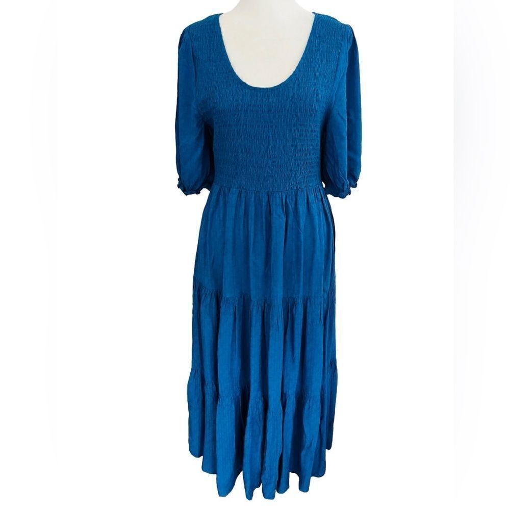 Mister Zimi blue scoop neck smocked maxi dress, tiered ruffle skirt size M.